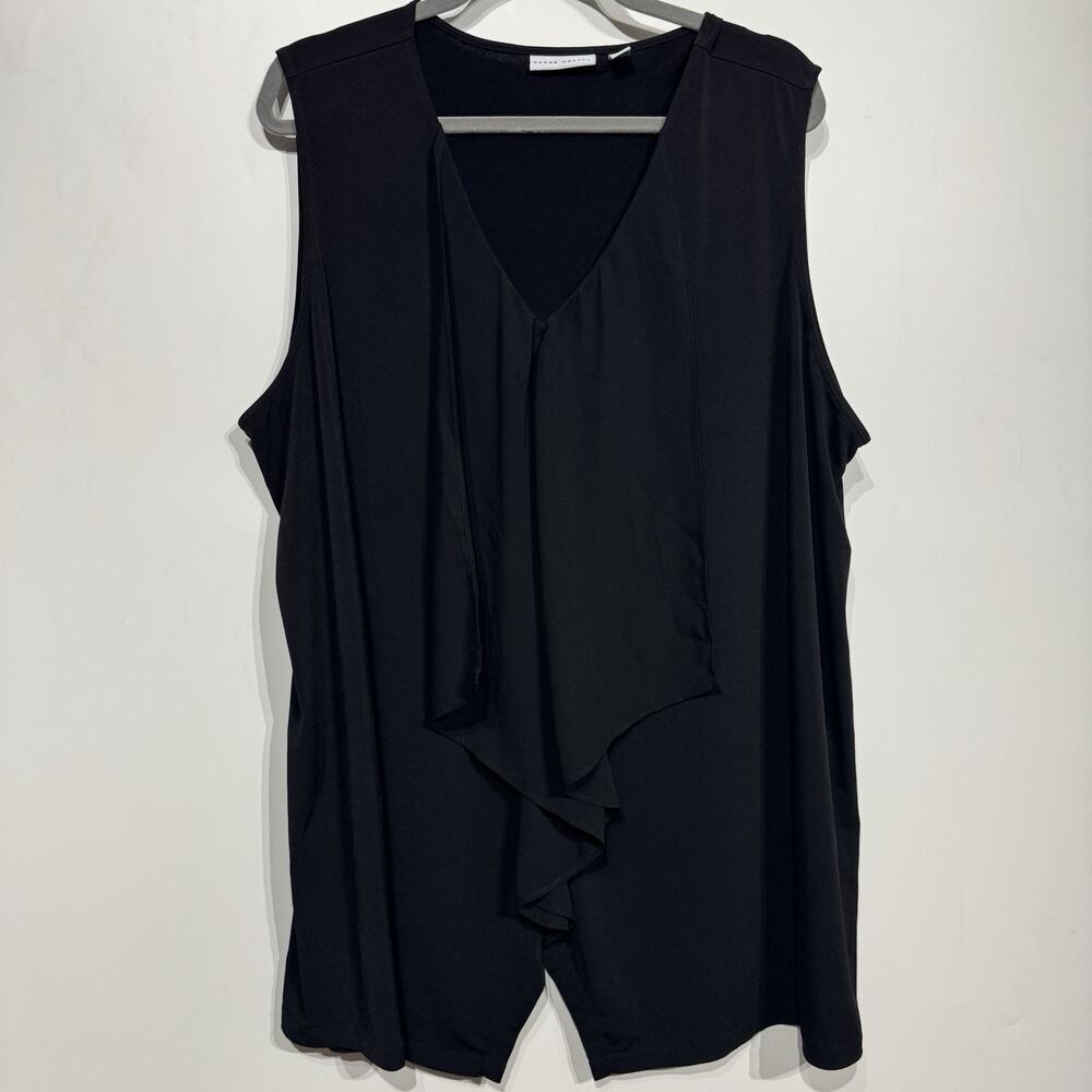Susan Graver Liquid Knit Ruffle Front Top Sz 3X Black Sleeveless Layering Office